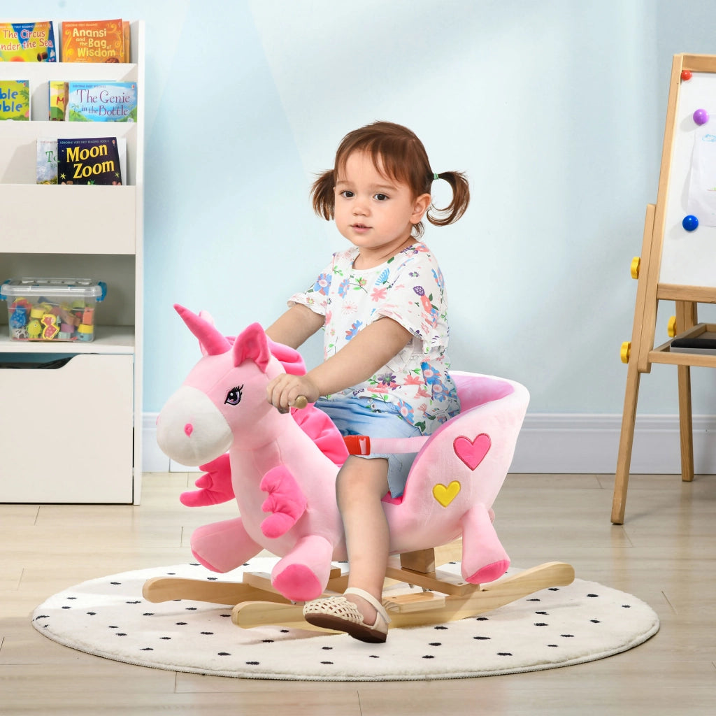 Cavallo a Dondolo Unicorno con Base in Legno e Cintura di Sicurezza ¨C Zephmum ¨C Rosa
