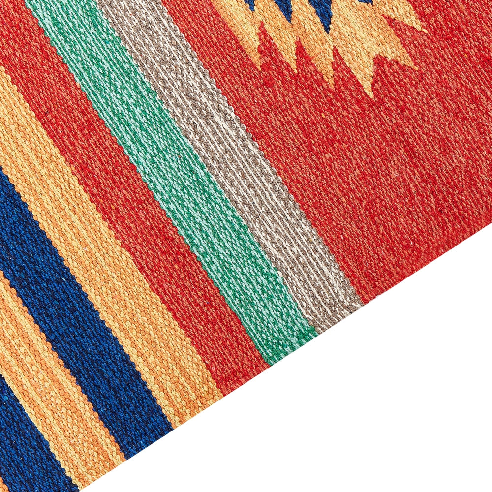 Tappeto Kilim multicolore in cotone 140 x 200 cm tessuto a mano a trama piatta reversibile con motivi geometrici e frange, tradizionale Boho, per il soggiorno e la camera da letto.