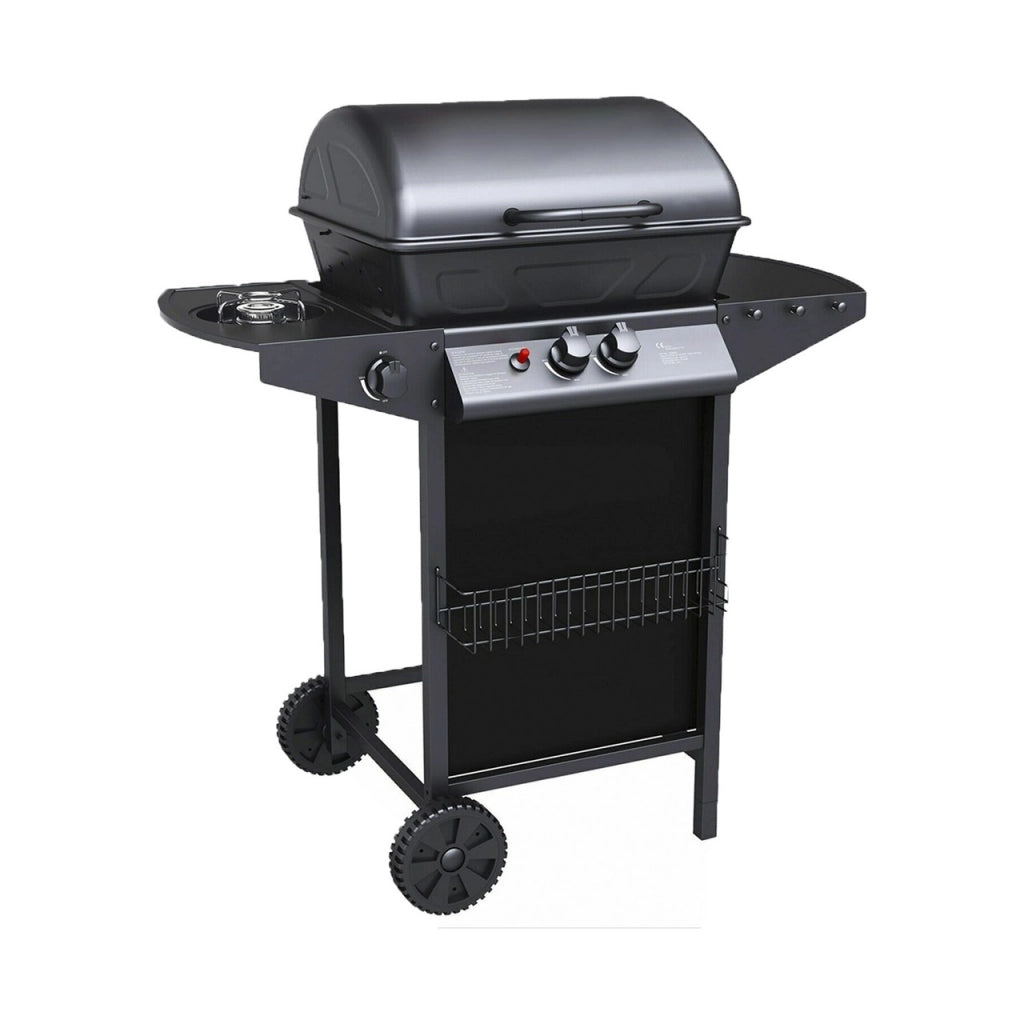 Barbecue a Gas 2 Fuochi con Fornello Laterale, Coperchio e Griglia 37x48 cm, Accensione Piezo, Ruote e Mensola con Ganci