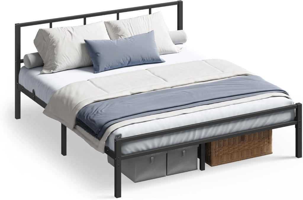 VASAGLE Telaio letto matrimoniale 160 x 200 cm, telaio letto con rete a doghe, testiera, letto in metallo, portata fino a 500 kg, facile da montare, per camera da letto, colore nero inchiostro
