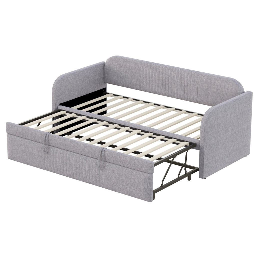 Divano letto 200.5x96x86 cm trasformabile in 2 misure; con rete a doghe; in tessuto di lino grigio chiaro
