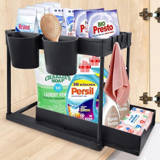 Sistema di stoccaggio sotto il lavandino - 2 livelli - multifunzionale - nero