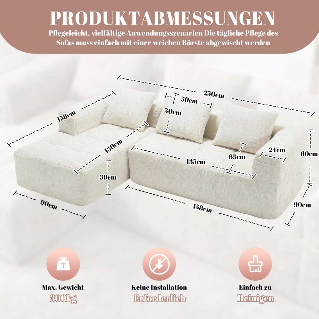 DIVANO Angolare 250x158x60 cm Chenille Beige con Chaiselongue
