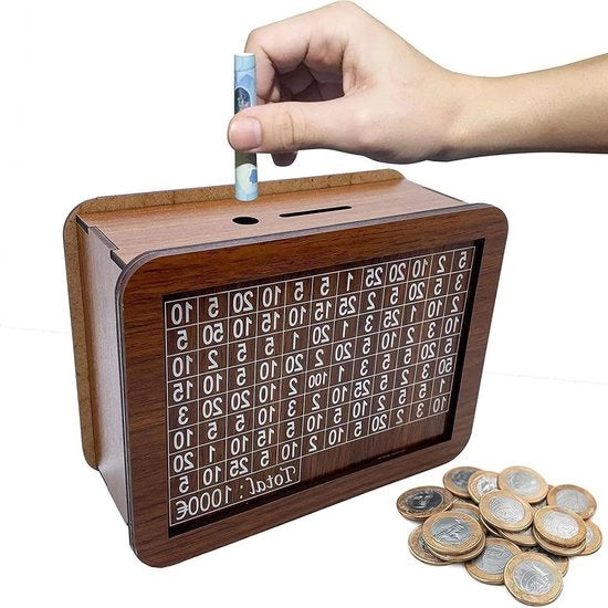 Spazio di risparmio in legno retro con numeri per bambini e adulti - Cassa di stoccaggio riutilizzabile per obiettivo di risparmio (1000€)
