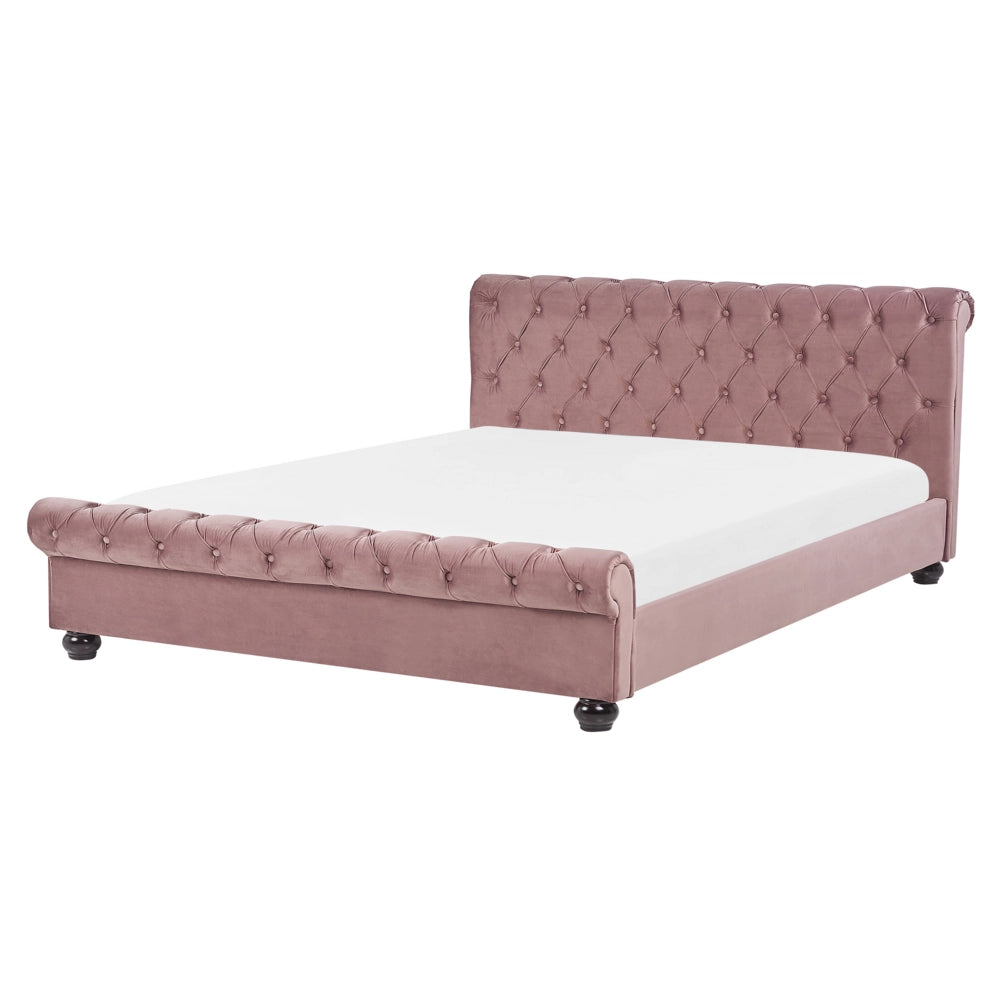 Letto Rivestimento in velluto rosa Gambe in legno Nero 160 x 200 cm bottoni Glam
