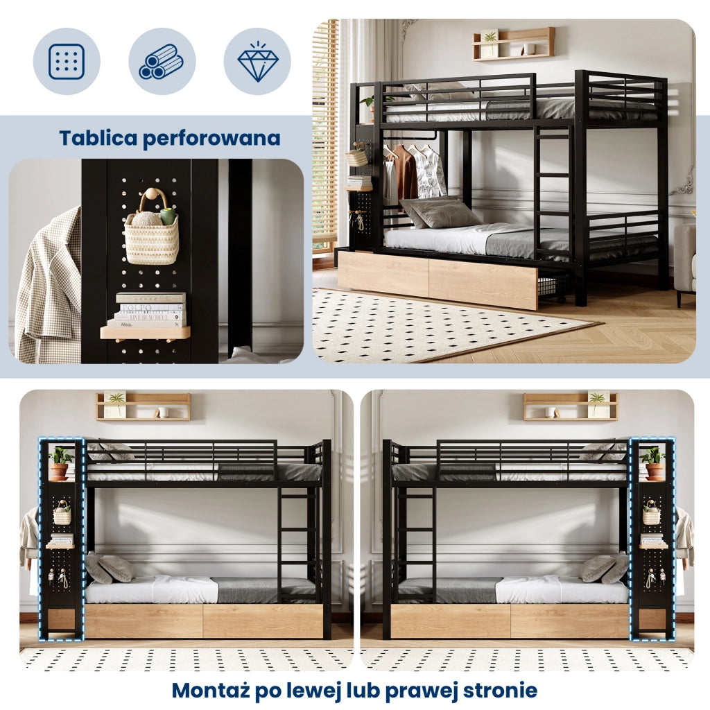 Letto a castello 90 × 200 cm con cassetti; ripiani; appendiabiti e luce LED in metallo e MDF nero
