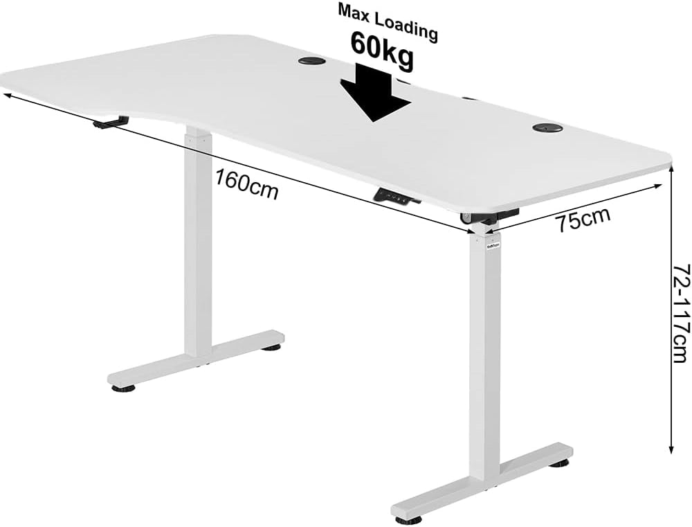 Scrivania Elettrica Regolabile in Altezza, Tavolo Motorizzato Alzabile con Console di Comando e Tasti di Regolazione, Gancio Supporto Cuffie, Standing Desk (Bianco, 160 x 75 x 72-117 cm)