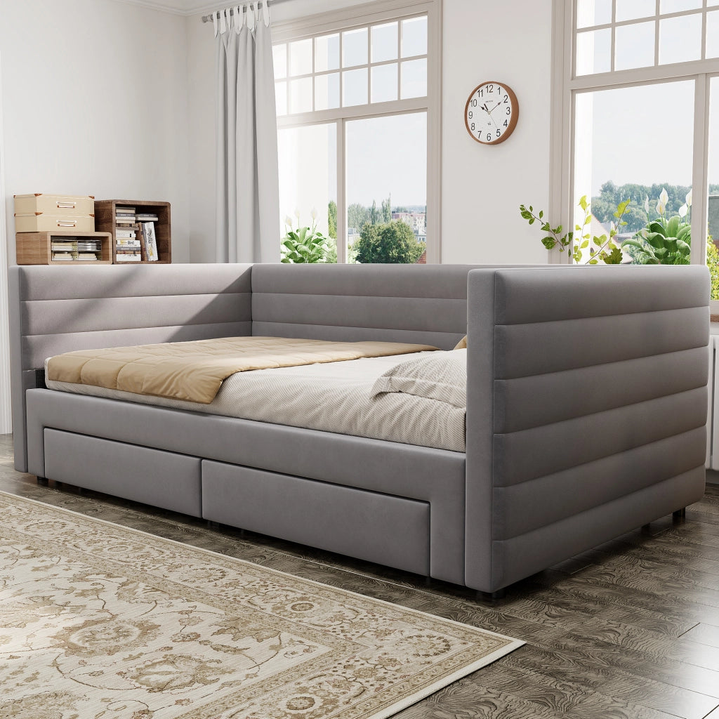 OKWISH Letto a Cassetto Tipo Divano 90×190 cm, Letto Singolo con 2 Cassetti, Convertibile 180×190 cm, senza Materasso, Imbottito, Grigio