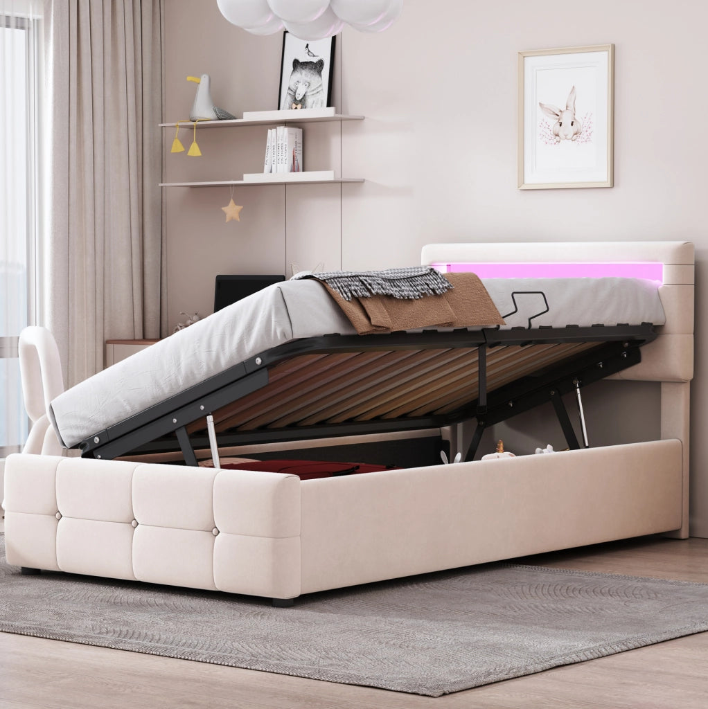 Letto imbottito 90x200 cm; con luci LED; velluto beige (Senza materasso)