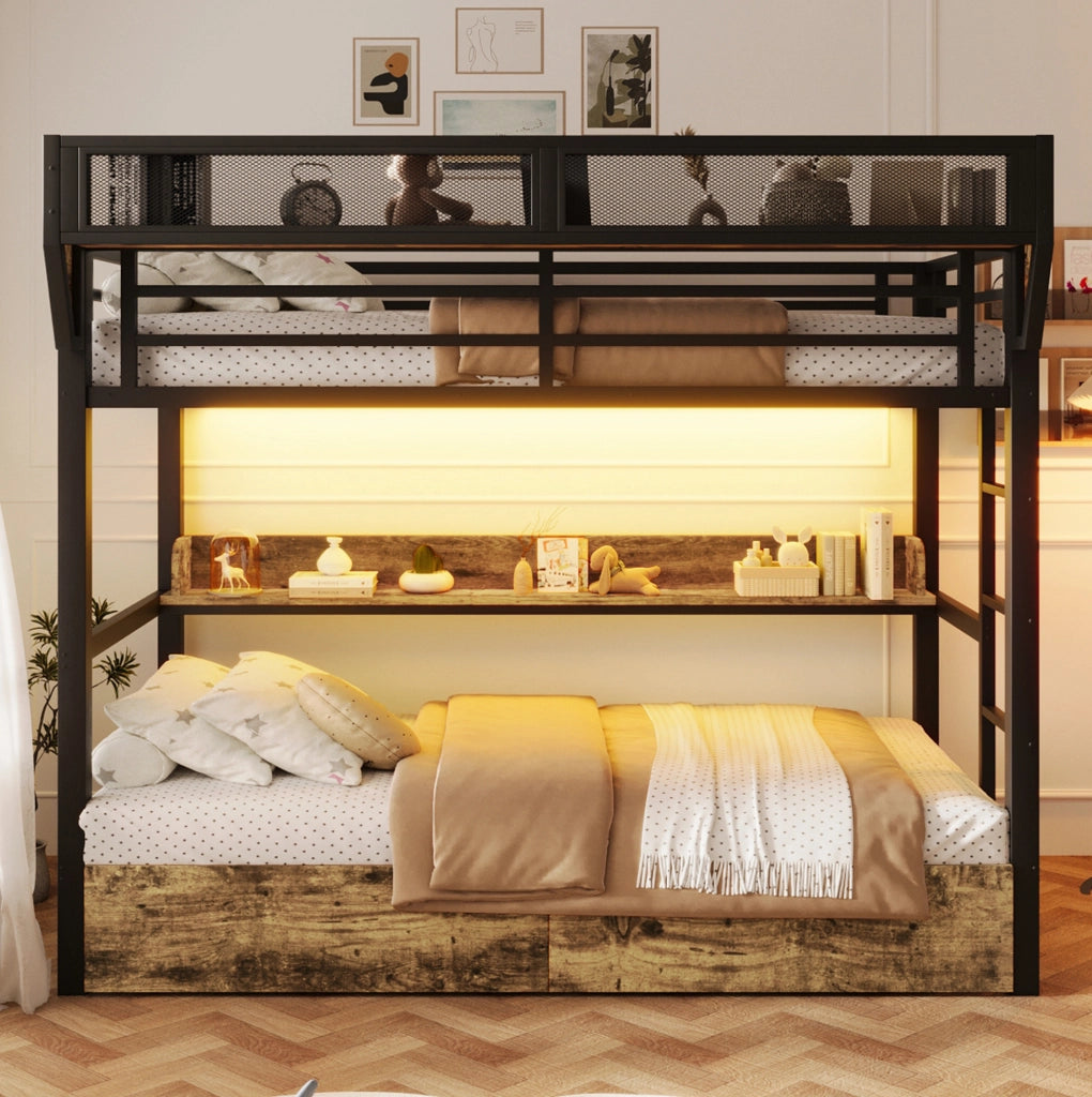 Letto a castello 204x113x176.5 cm con LED integrato; 2 cassetti e struttura in metallo; nero