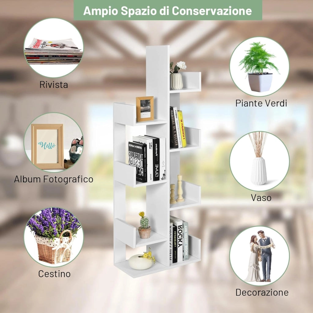 Libreria Multiuso da Terra, Libreria ad Albero con 8 Ripiani, Scaffale in Legno per Libri, Ideale per Soggiorno, Ufficio, 50 x 25 x 145 cm (Bianco)