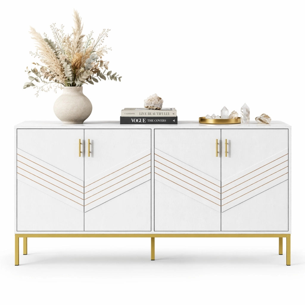 Sideboard moderno a 4 ante in MDF, colore bianco e venatura legno, con ripiani regolabili e 2 colli