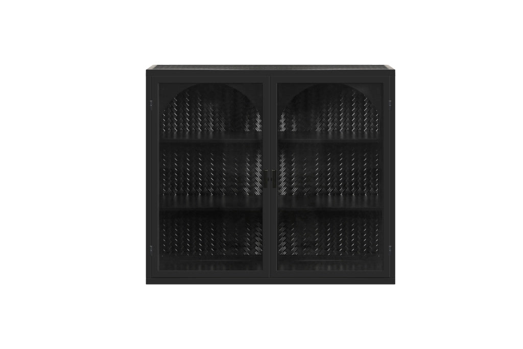 Pensile con 2 Ante in Vetro e 3 Ripiani Rimovibili; Motivo Intrecciato; Stile Moderno; in Metallo; 60×23×70 cm; Nero