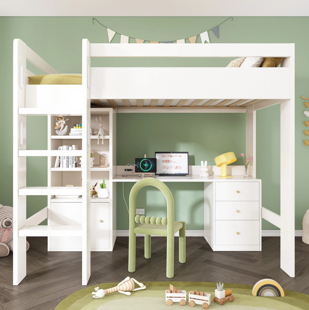 Letto a soppalco 90x200 cm con scrivania; armadio; cassetti e ricarica USB-Type-C; bianco