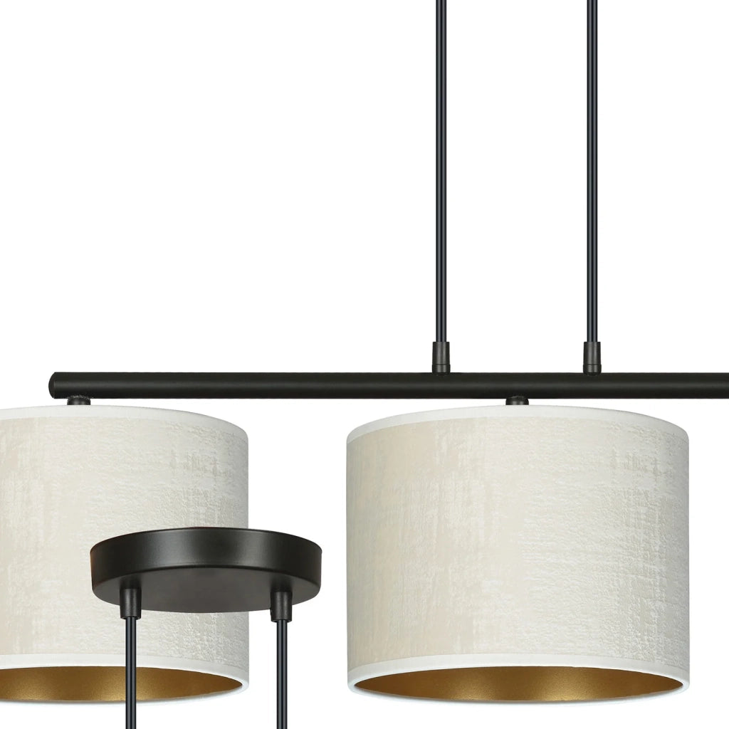 Lampadario 3 Luci Ganesha In Acciaio Nero E Paralumi In Tessuto Beige