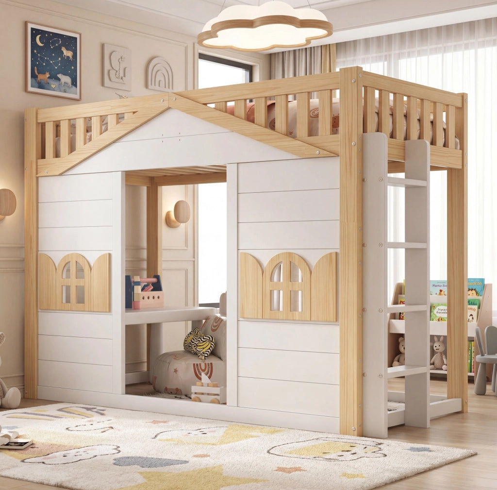 Letto a casetta singolo 90x200 cm con finestra; in legno di pino bianco