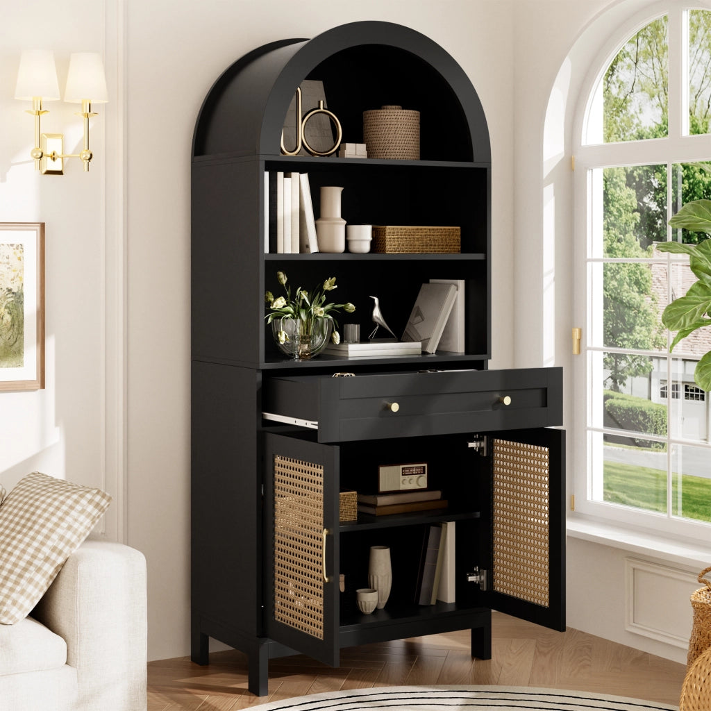 Mobile vetrina ad arco con ante in stile rattan, 170 cm, nero + effetto legno, con 3 vani a vista, 1 cassetto e 2 ante