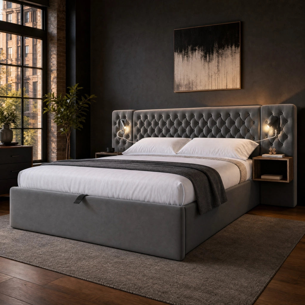 Letto matrimoniale 180x200 cm in velluto grigio con contenitore idraulico; 2 comodini e luci lettura