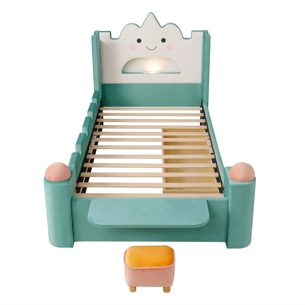 Letto singolo imbottito con LED e cassetti ¨C Minimal ¨C Velluto blu grigio 90x200 cm