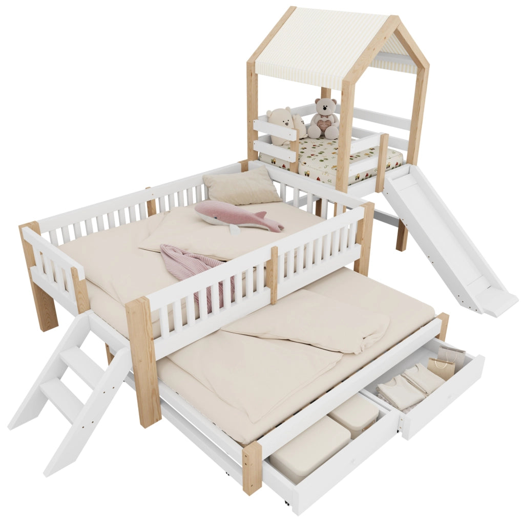 Letto per bambini a casetta con scivolo; letto estraibile 90x200 cm; bianco e naturale