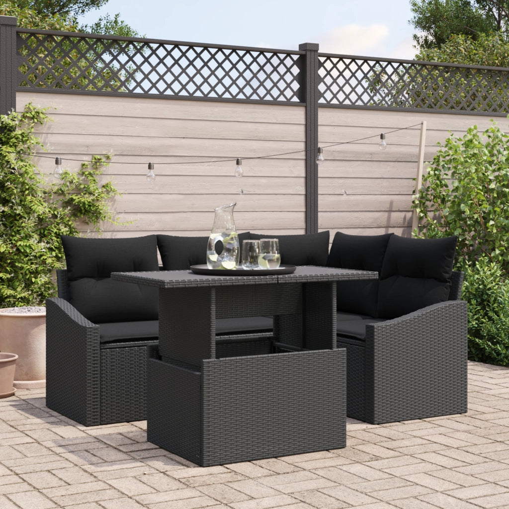 Set Divano Giardino 5 Pezzi con Cuscini Rattan Poliestere Nero
