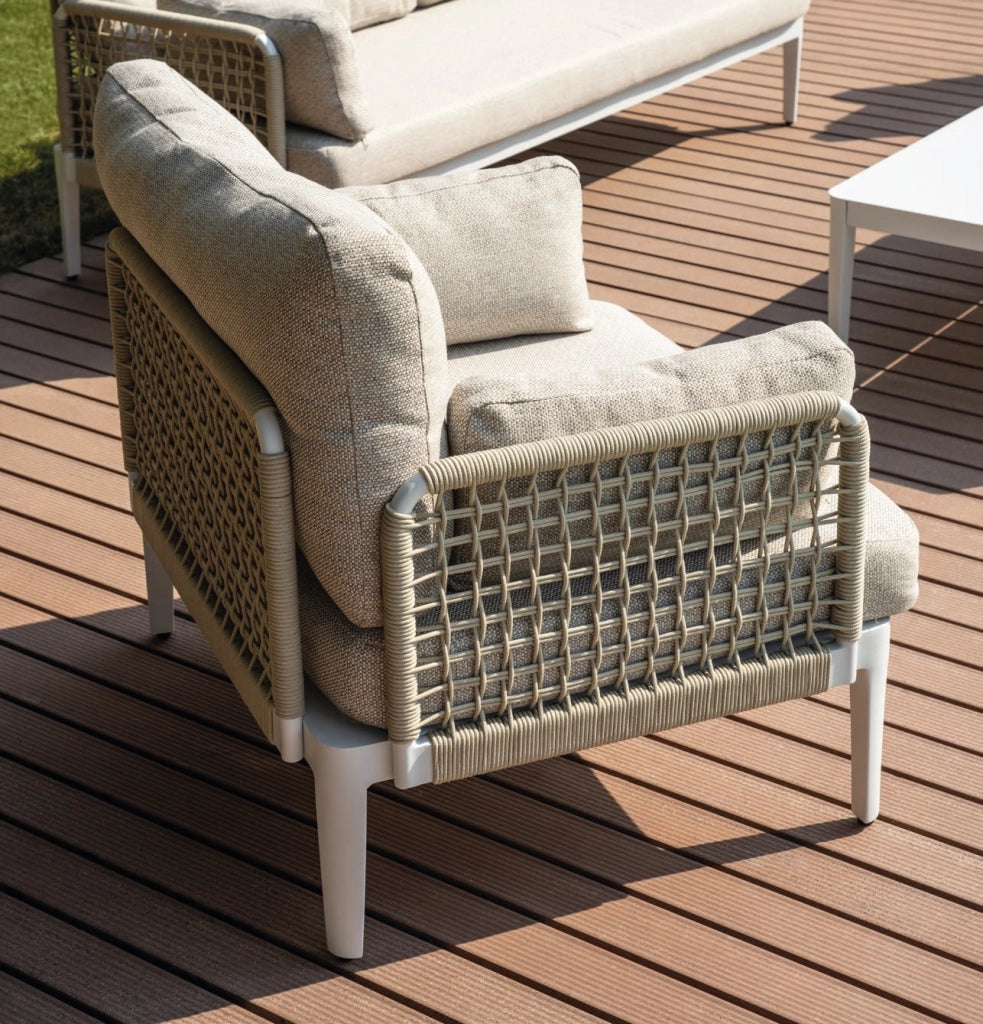 Salotto da esterno divano con poltrone e tavolino alluminio bianco, corda beige Bandol