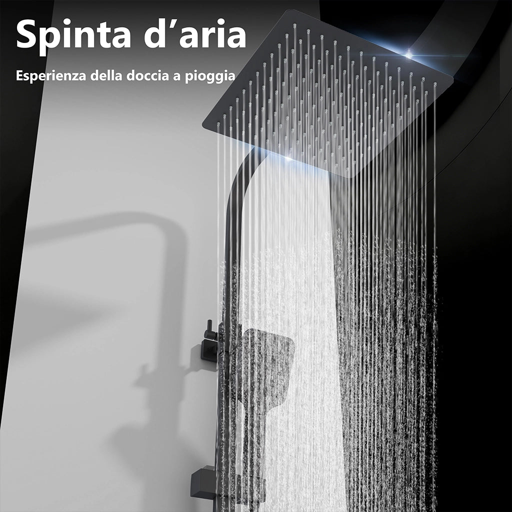 Miscelatore termostatico doccia con soffione 30x30cm e doccetta 25x10cm, colonna doccia rettangolare nero