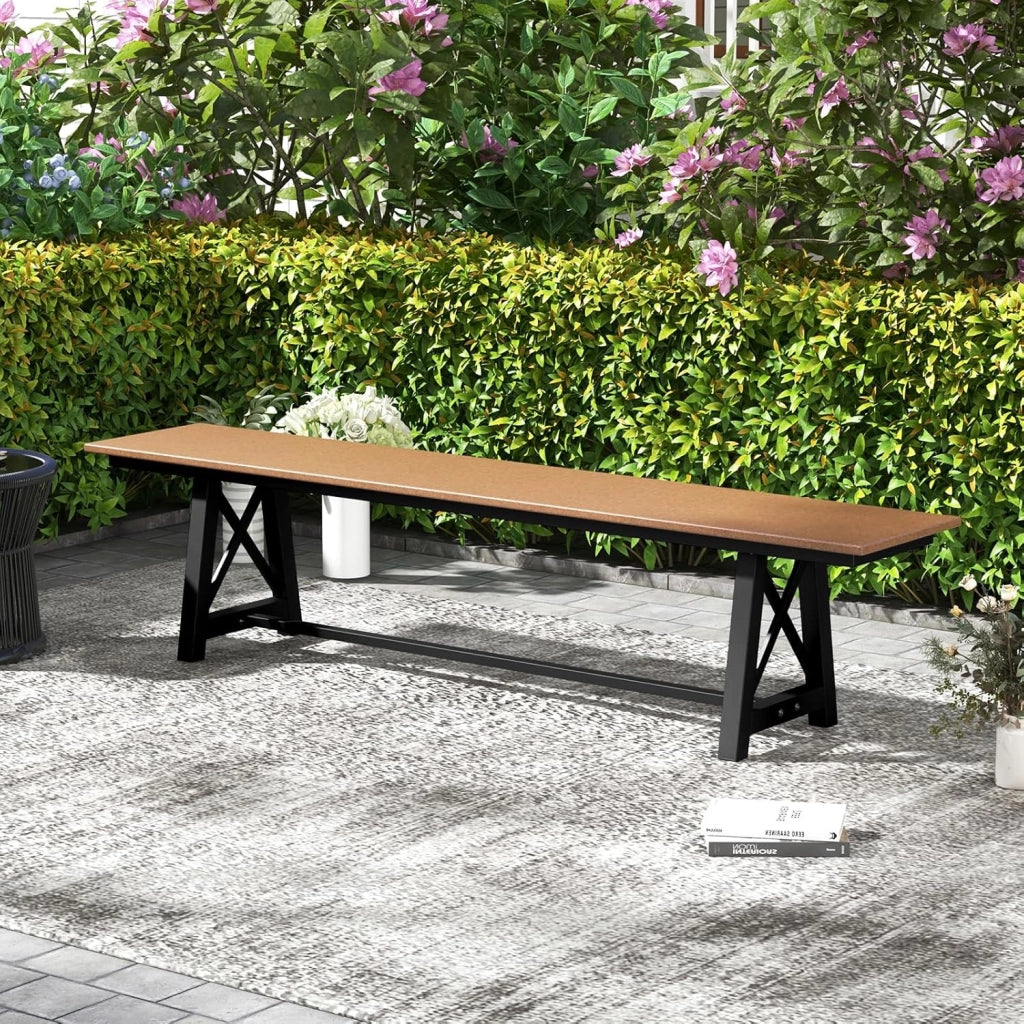 Panca da giardino, resistente alle intemperie, 3 posti, per esterni, portata fino a 500 kg, in HDPE e telaio in metallo, per giardino, balcone, terrazza, 183 x 35 x 41,5 cm, marrone