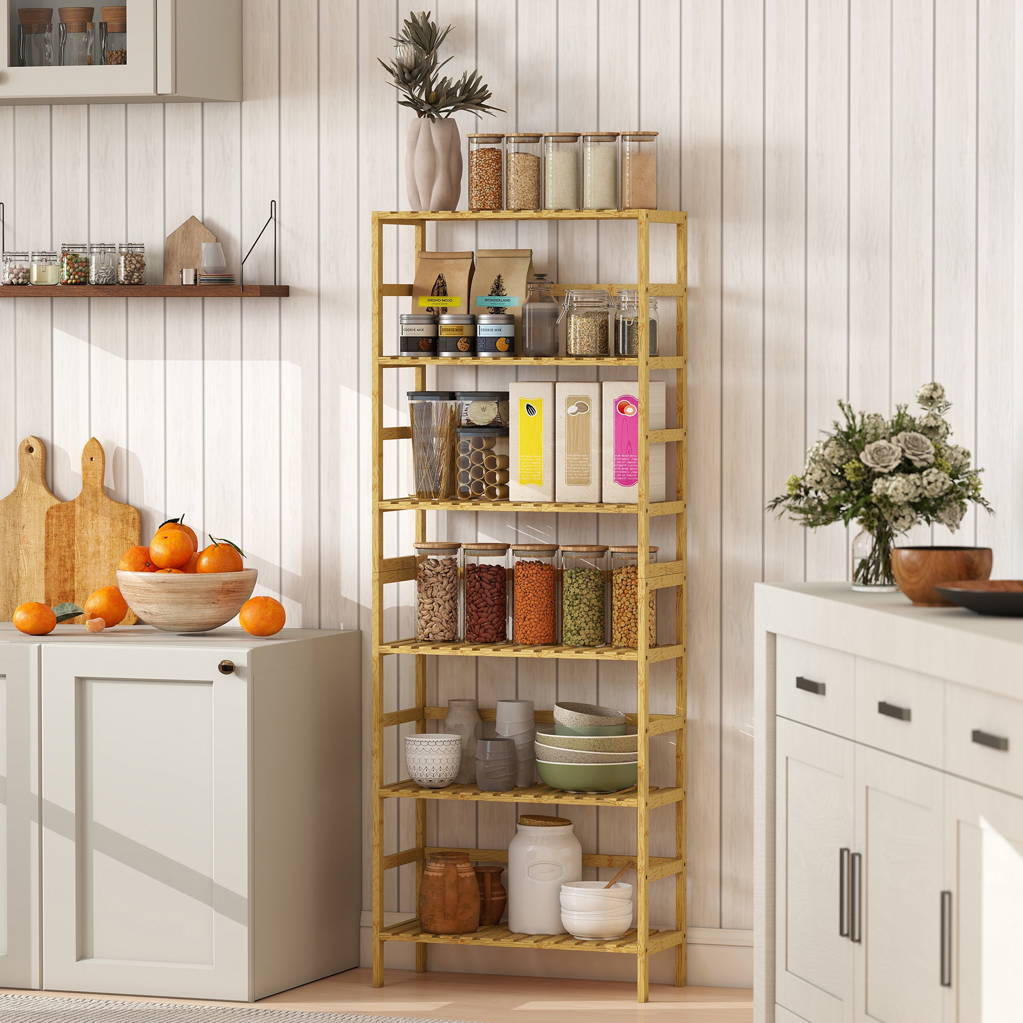 Scaffale Autoportante 60x26x161 cm a 6 Livelli con Ripiani Regolabili in Legno di Bambù Legno Naturale