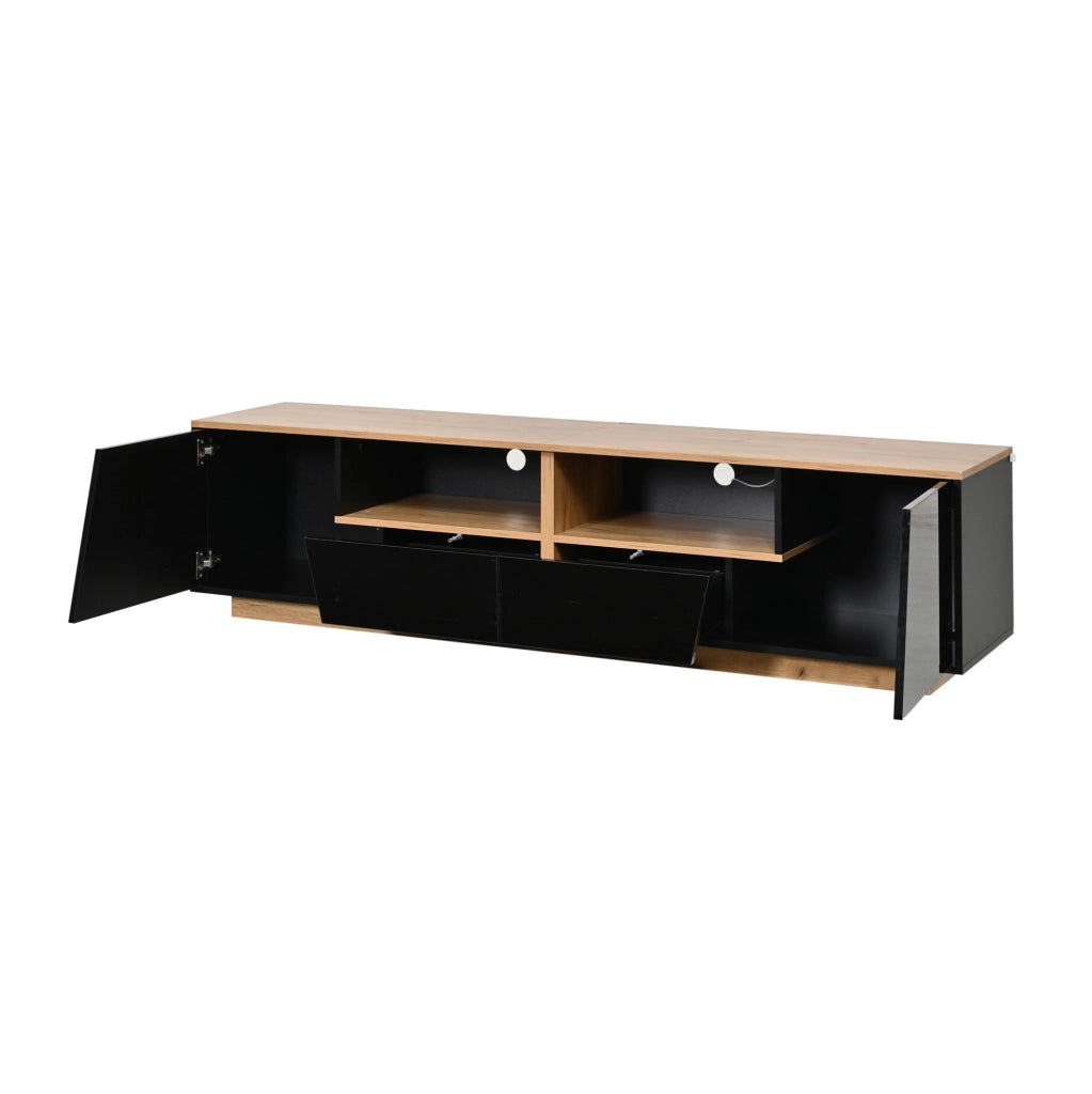 Mobile TV 180x40x46 cm con LED; 2 cassetti e 2 armadietti in truciolare nero e naturale