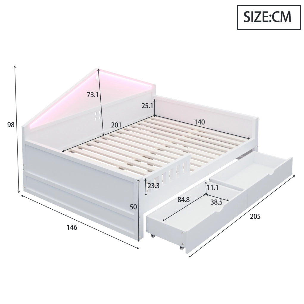 Letto singolo multifunzione 140x200 cm con LED; 2 cassetti; bianco