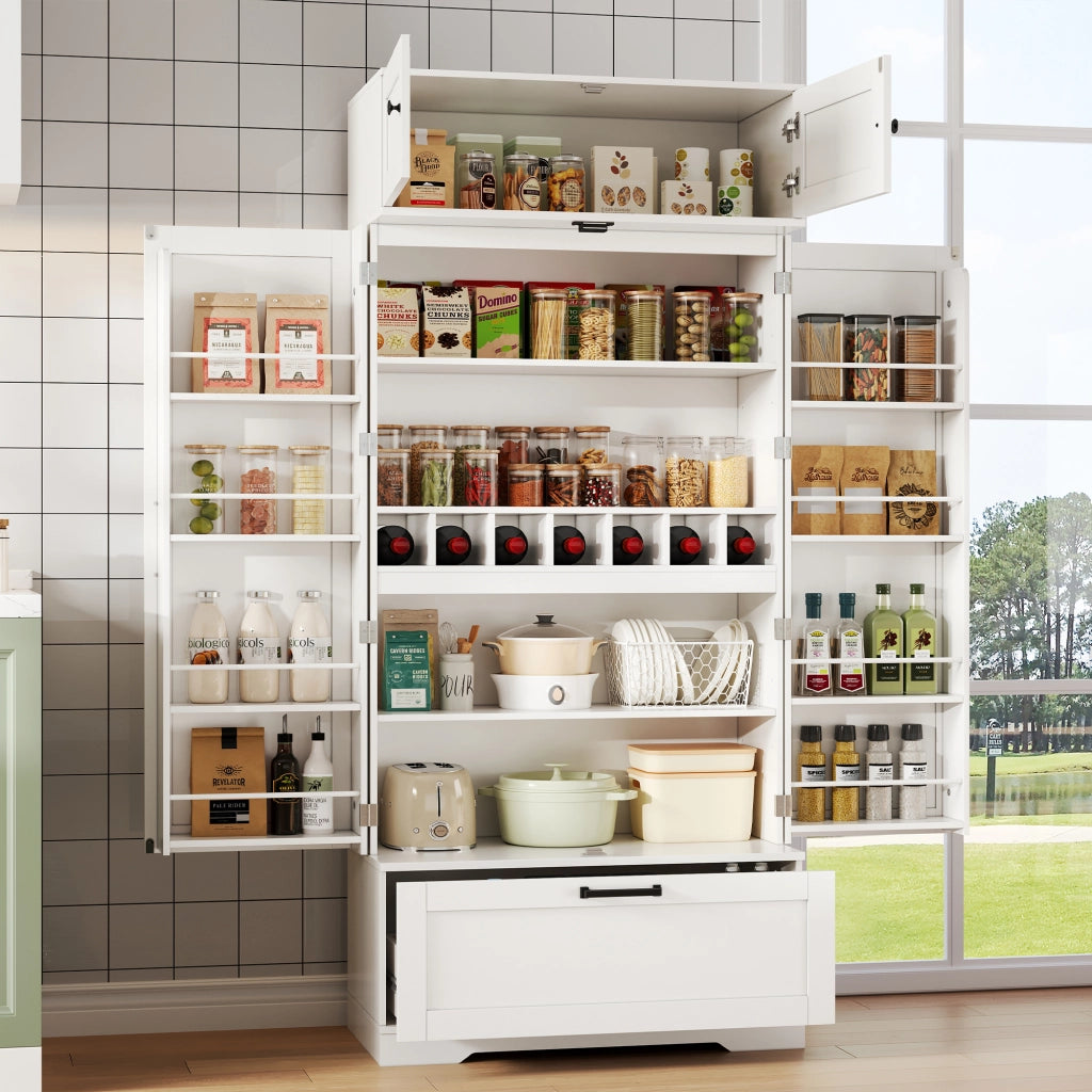 Dispensa alta con ripiani regolabili, 1 cassetto, 7 vani per bottiglie, per cucina e soggiorno, bianco 80 × 40 × 180 cm