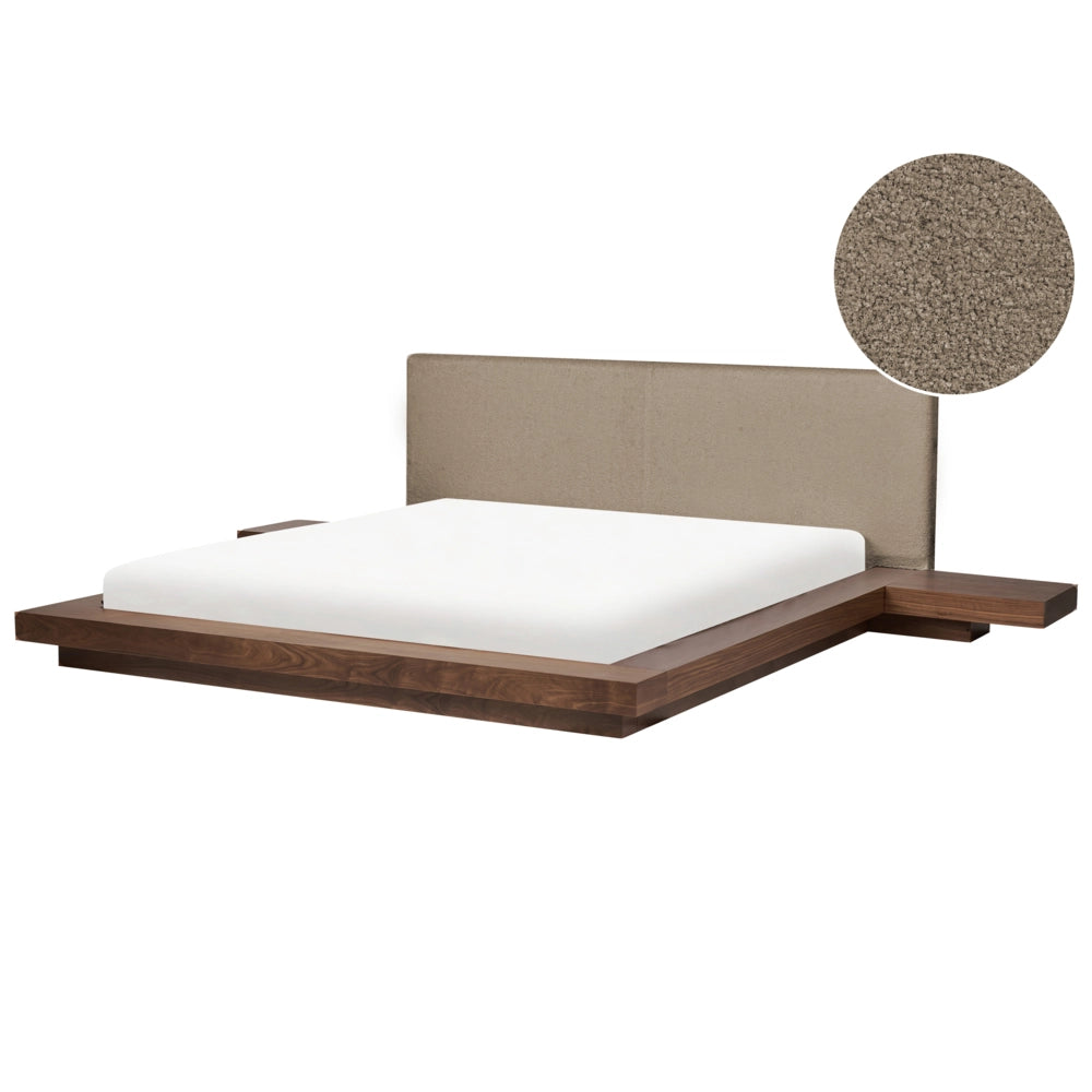 Letto matrimoniale ad acqua con testata e comodini in legno e tessuto bouclé tortora 180 x 200 cm stile giapponese
