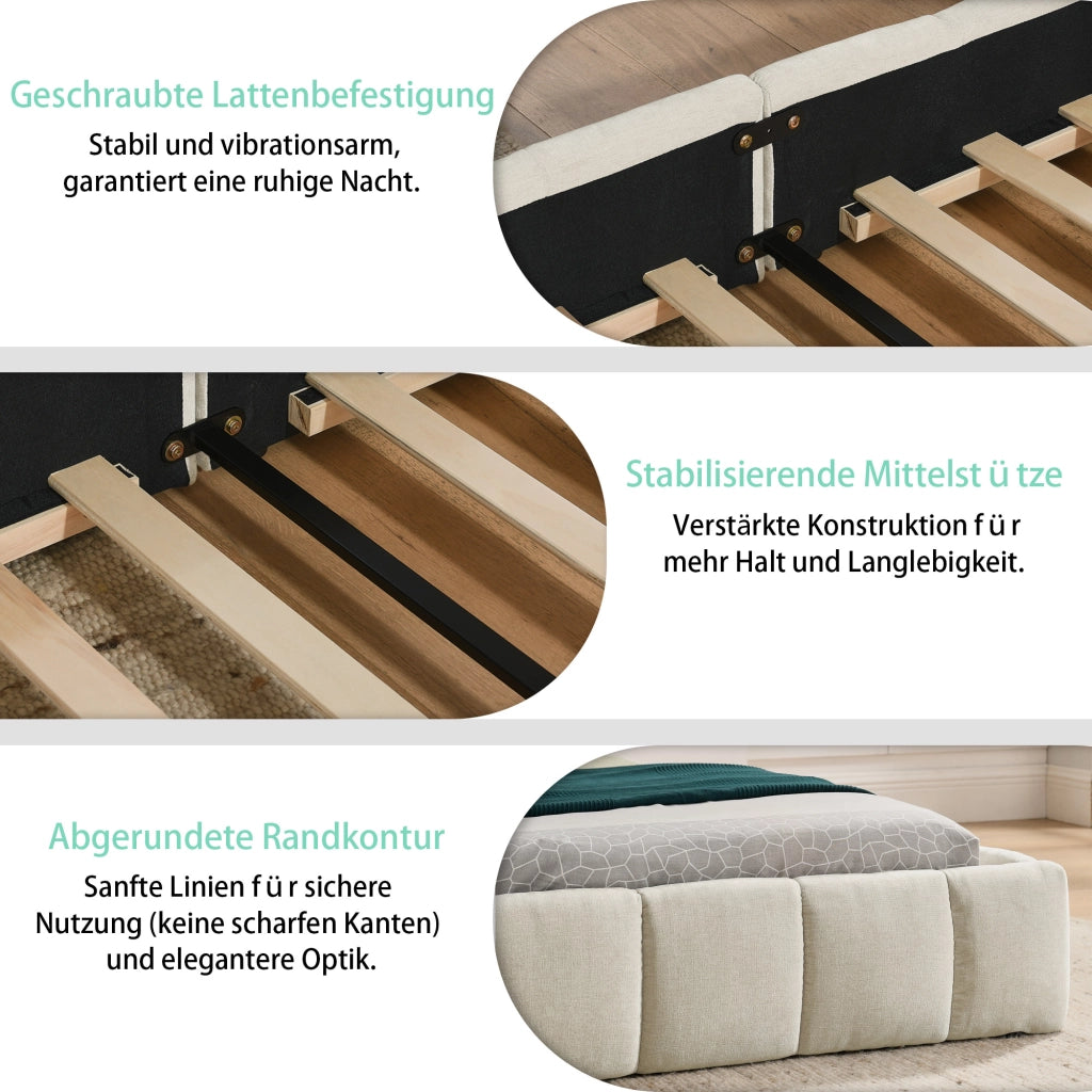 Letto Matrimoniale 140x200 cm in Chenille; Struttura in Legno e Ferro; Beige