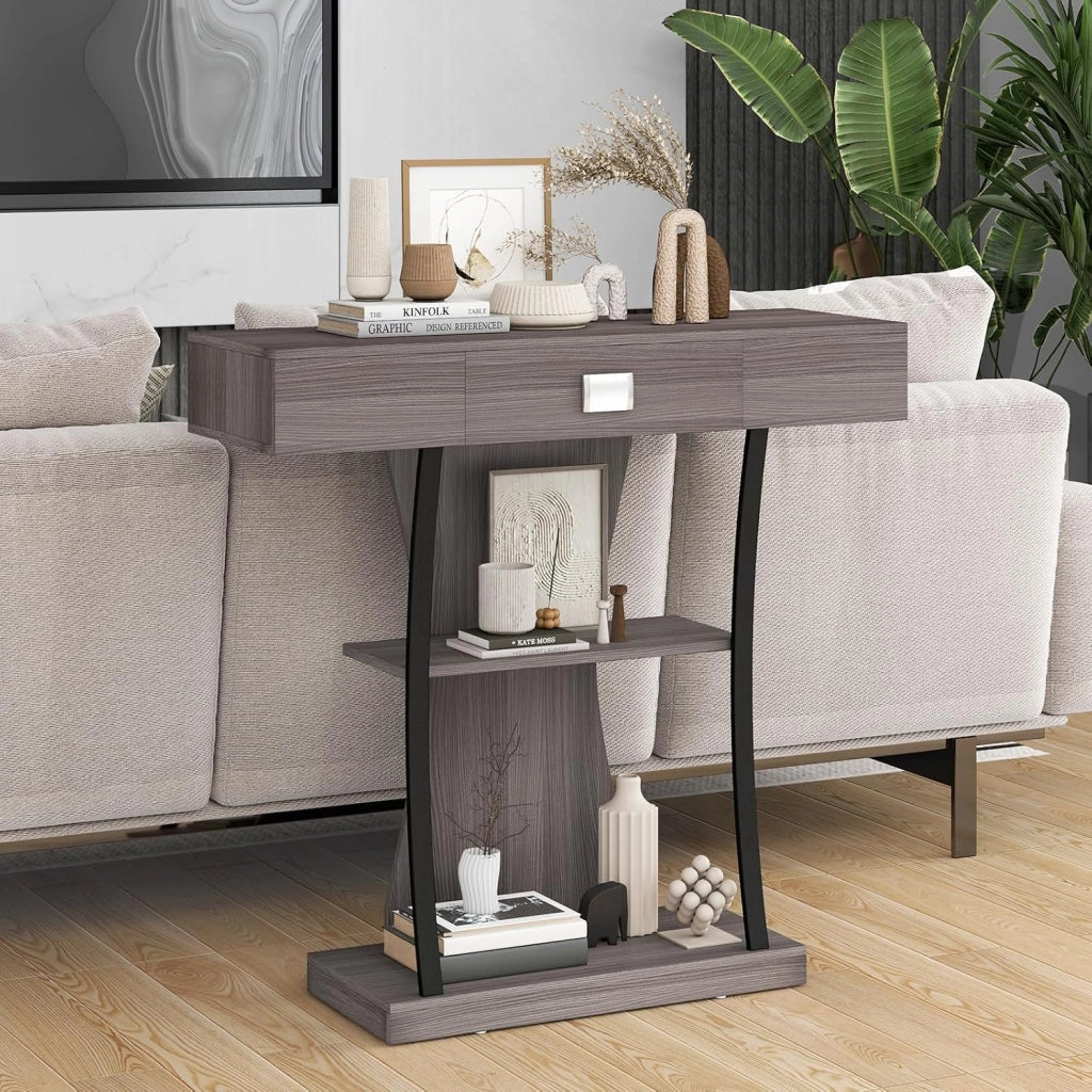 Consolle in Legno con Cassetti, Tavolo Ingresso con Ripiani e 2 Kit Anti-ribaltamento, Multiuso e Salvaspazio per Salotto, Camera da Letto e Corridoio, 91 x 30 x 88 cm (Grigio)