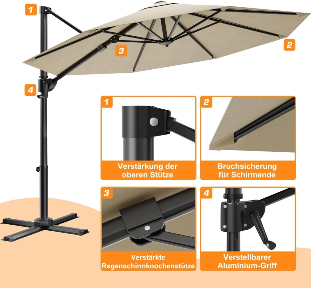 Ombrellone da Giardino Grande 330 cm, Ombrellone da Spiaggia e Giardino con Struttura Rinforzata, Manovella a 360°, Copertura Antivento 7x, Protezione UV 30+