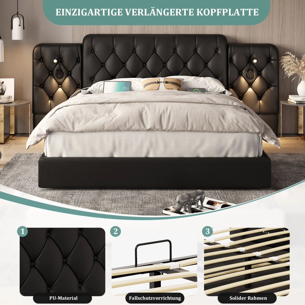Letto matrimoniale 160x200 cm in PU nero con USB e luci