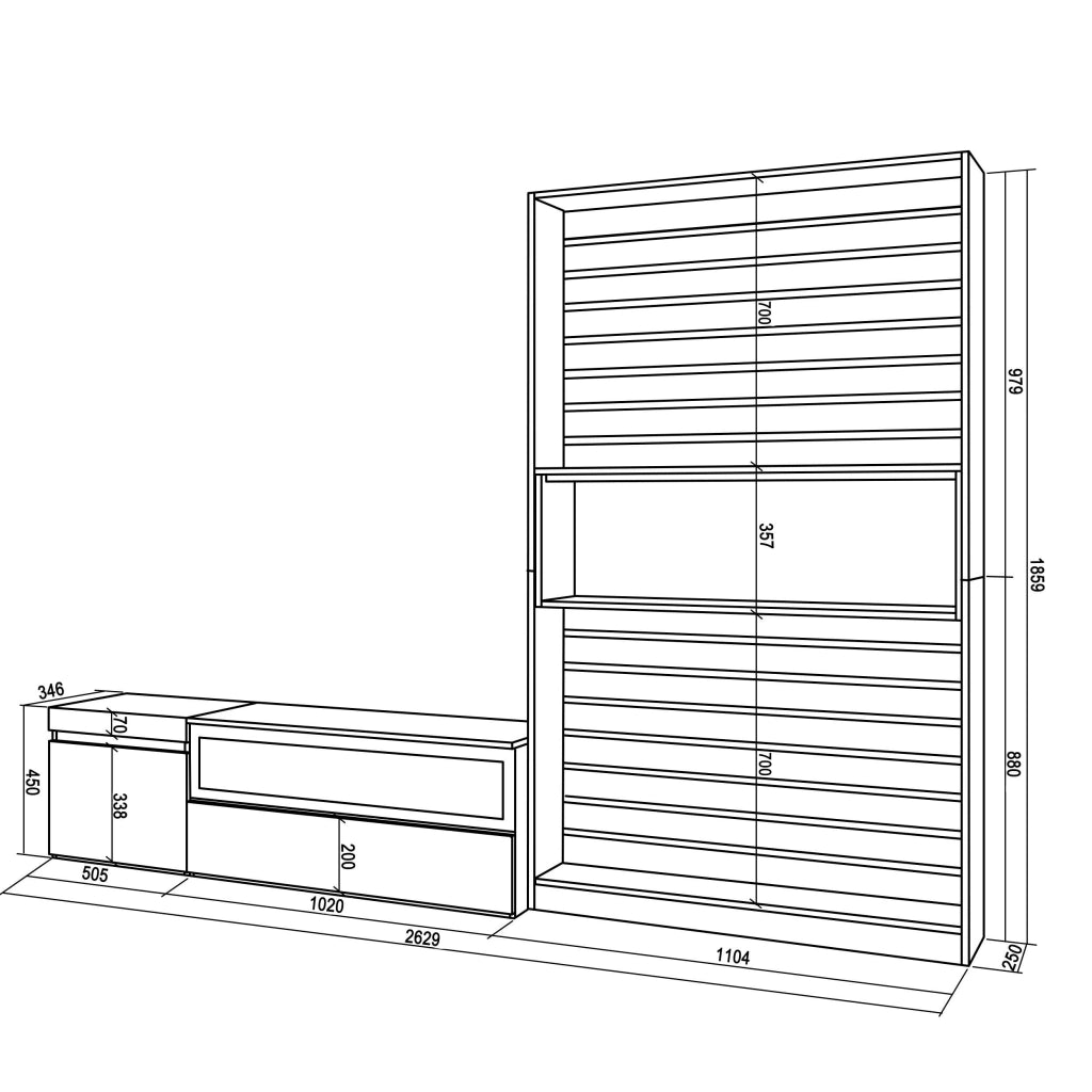 Mobile TV, Soggiorno, 260x35x186cm, Per TV fino a 65", Camino elettrico, colore Rovere e nero RF2539