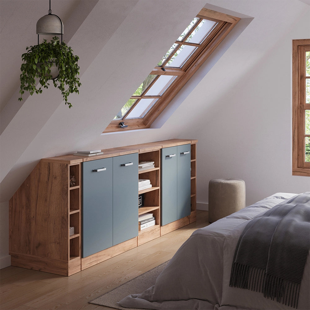 Set di mobili sottotetto Rion Grigio-blu/Rovere dorato 210 cm Set di 5 carcasse armadio profondità 60 cm Vicco