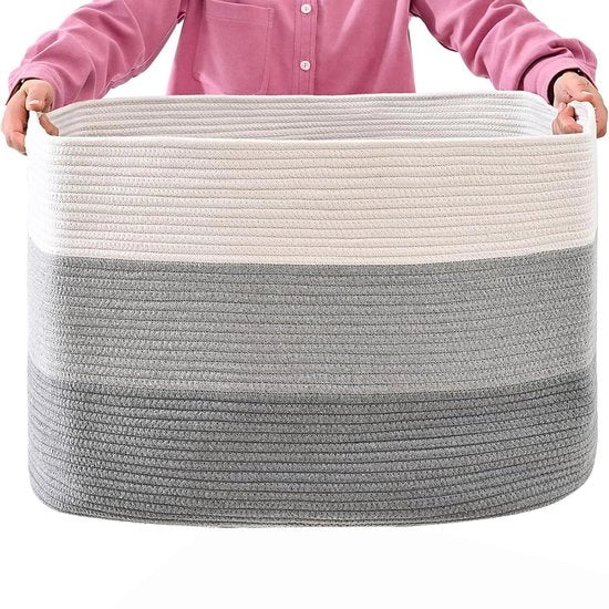 Wascioletto in cotone tessuto (55x43x30,5 cm) - Wascioletto manuale con maniglia - Bianco e marrone - Cassetto stabile per la conservazione di abbigliamento, giocattoli e altro (grigio)