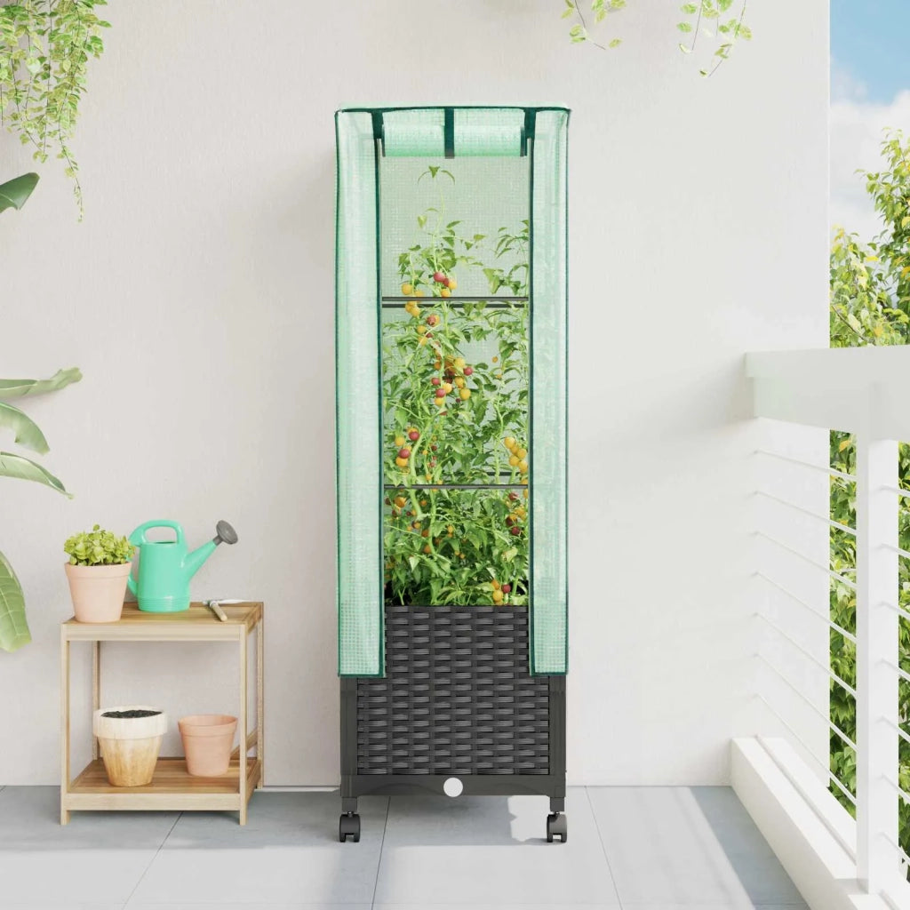 Vaso da Giardino con Copertura per Serra e Ruote Nero PP 3422930