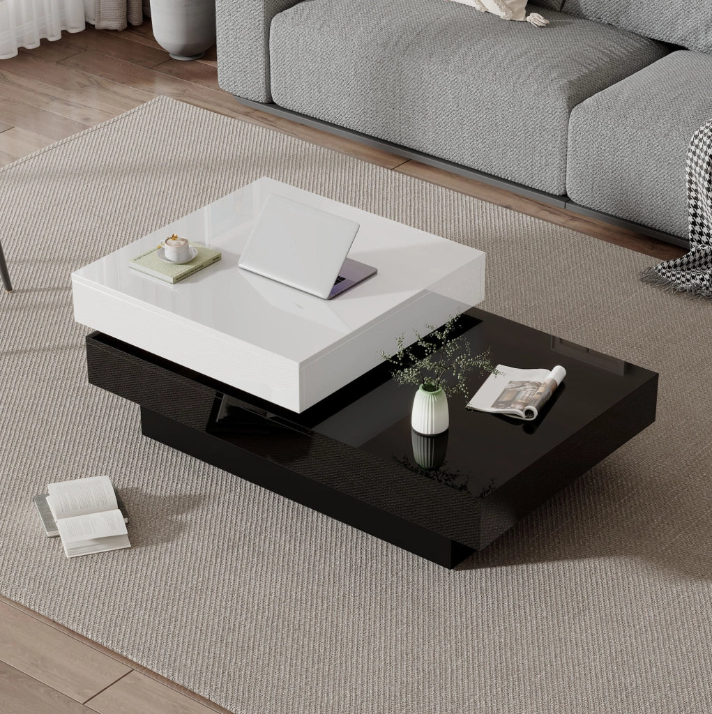 Tavolino da salotto 103x60x35.5 cm girevole a due livelli in truciolare bianco e nero