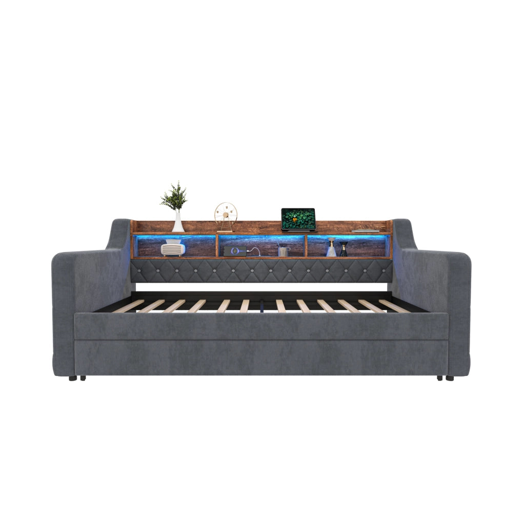 Letto divano estraibile 90x190 cm in velluto grigio scuro con LED; USB-C e vano portaoggetti