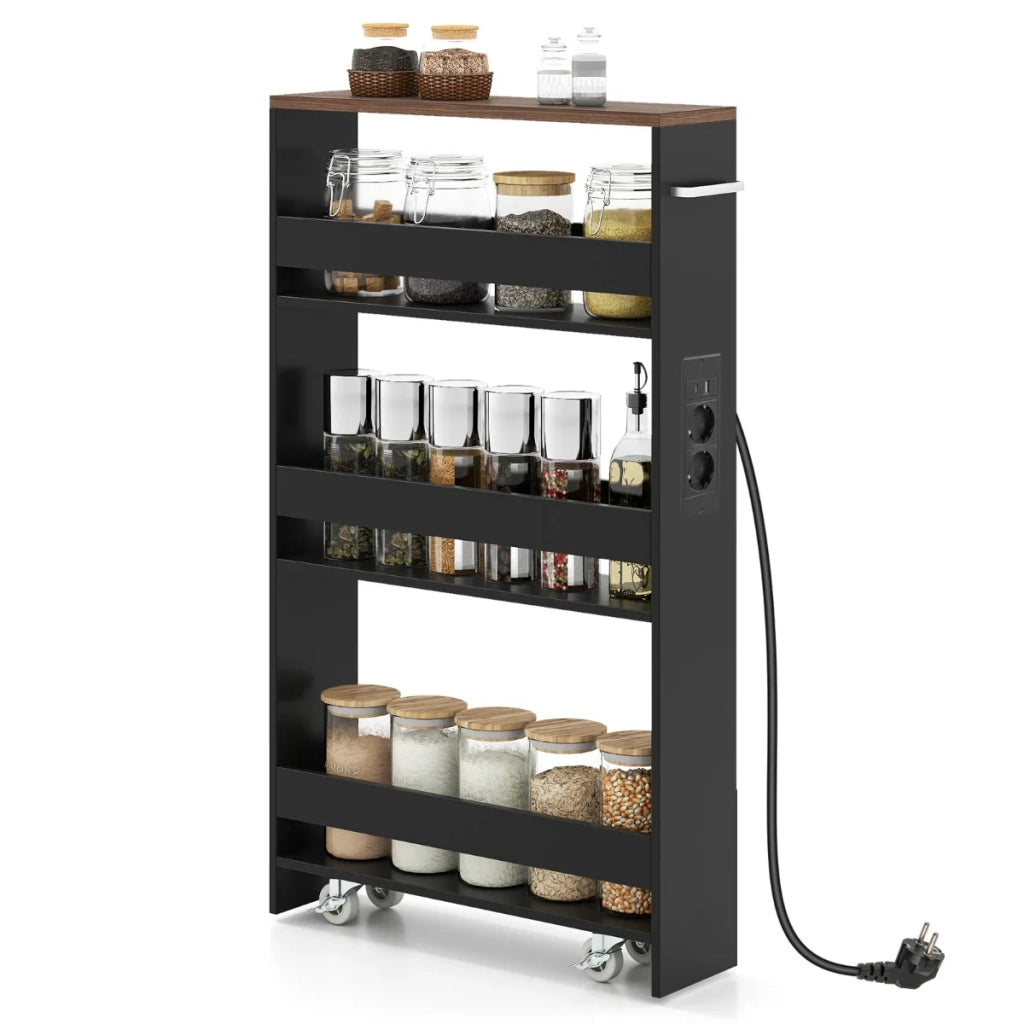 Carrello portaoggetti sottile 47,5 x 13 x 80,5 cm con comoda stazione di ricarica e 4 ripiani di design in legno ingegnerizzato nero e marrone 20_0017018
