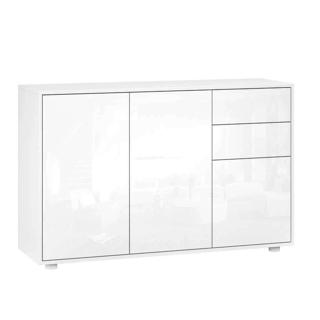 Credenza Paarl Comò con 3 Ante e 2 Cassetti 74x117x36 cm - Bianco Lucido [en.casa]