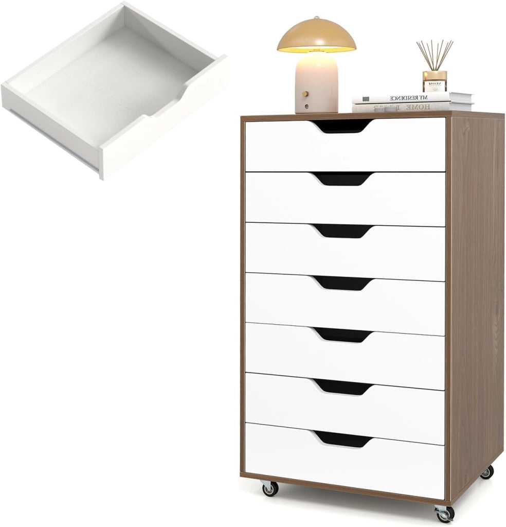 Cassettiera Ufficio con 7 Cassetti, Cassettiera Scrivania con 4 Ruote Bloccabili, Schedario Portadocumenti in Legno, per Stampante per Studio, Camera da Letto, 49 x 40 x 87 cm (Nero)