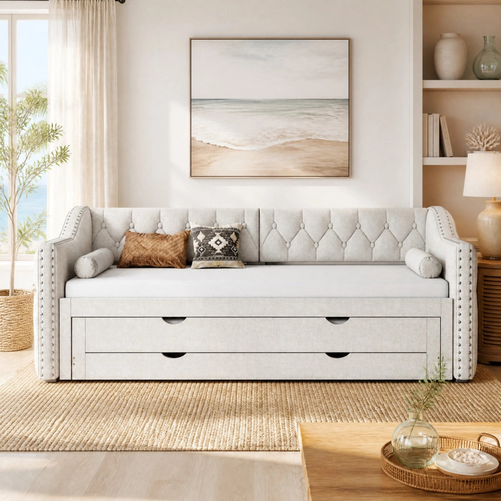 LETTO Giorno 90x200 cm Beige con LED, letto estraibile e 3 cassetti