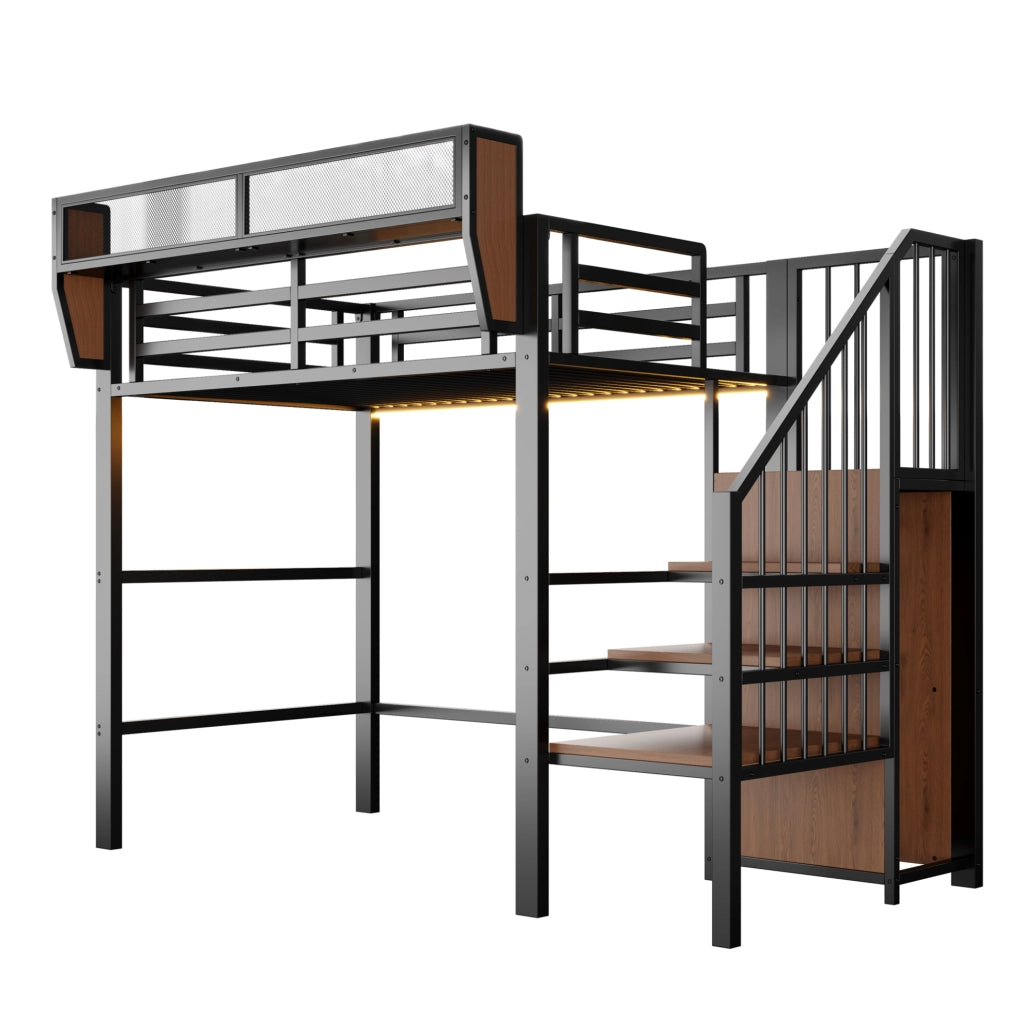 Letto a soppalco ULEVR 90x200 cm con LED multicolore, scala di sicurezza e ripiano regolabile, nero