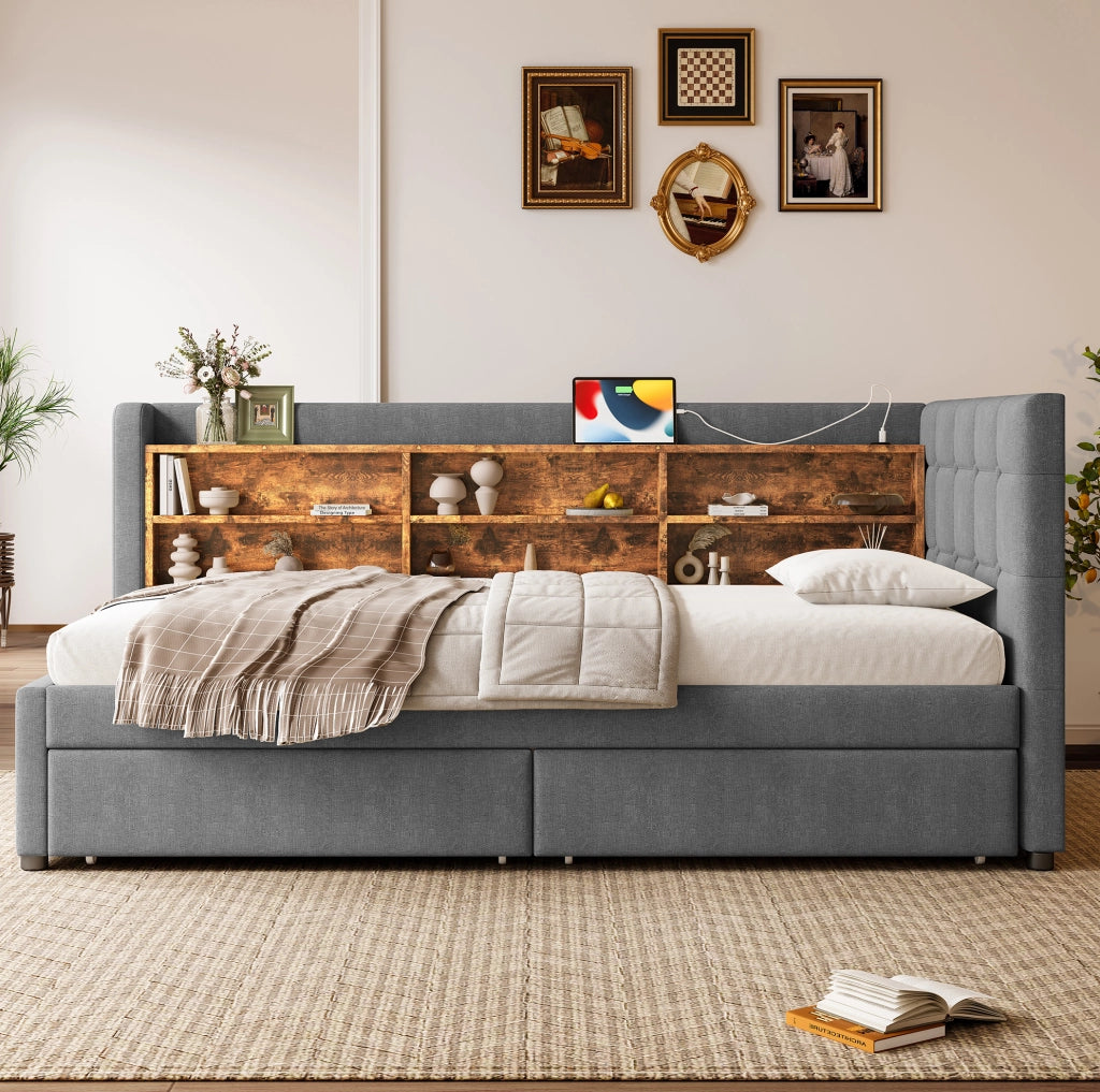Letto singolo 90x200 cm in lino con 2 cassetti e porte USB
