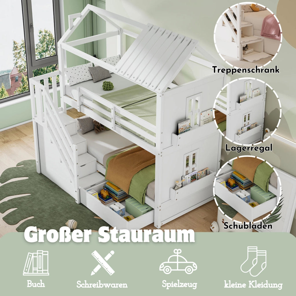 DESMIU Letto a castello per bambini 90 × 200 cm con scala contenitore, cassetti e ripiani, senza materasso, bianco